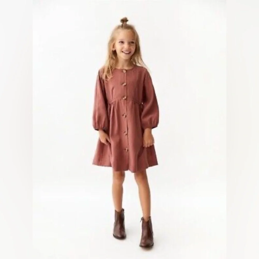 ZARA Red Button Down Babydoll Shirt Ribbwd Casual Midi Long-Sleeve Collar Dress